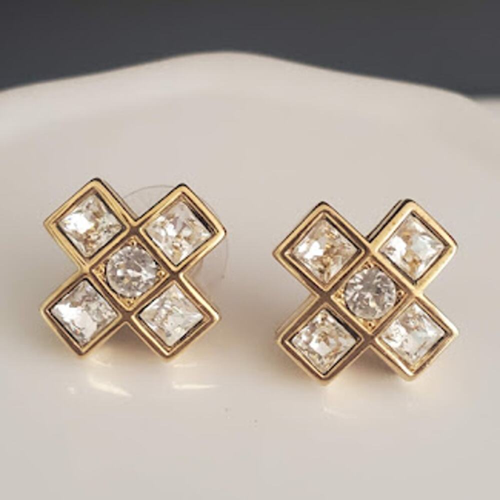 Swarovski Gold Plated Geometric-Shaped‎ Stud Earrings Swan Signed Bling Party